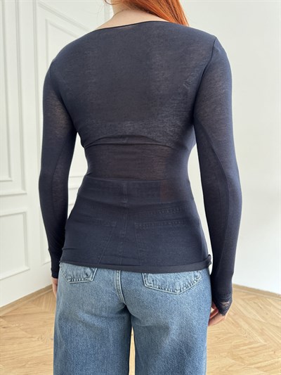 Dantelli V Yaka Kaşmir Dokulu Bluz Lacivert