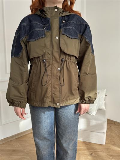 Denim Garnili Kapüşonlu Mont Haki