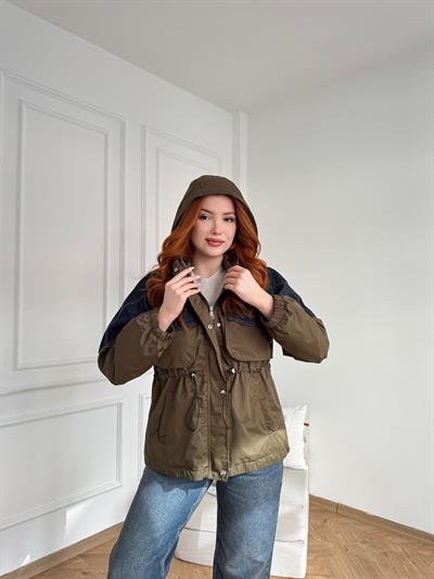 Denim Garnili Kapüşonlu Mont Haki