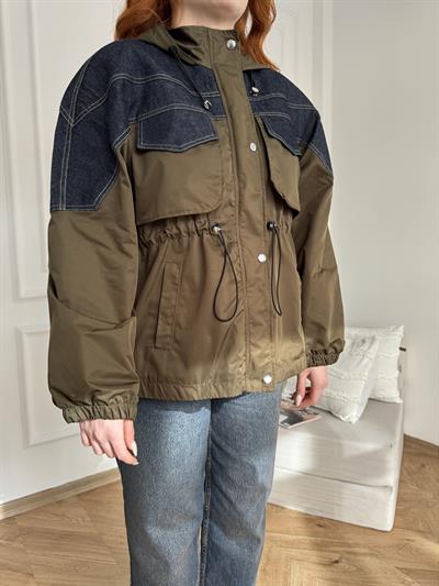 Denim Garnili Kapüşonlu Mont Haki
