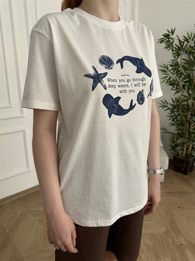 Deniz Canlıları Baskılı T-shirt Ekru