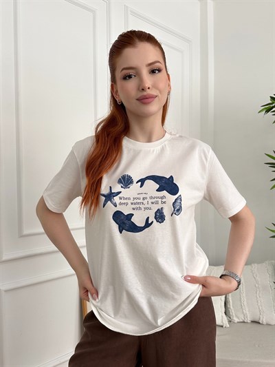 Deniz Canlıları Baskılı T-shirt Ekru