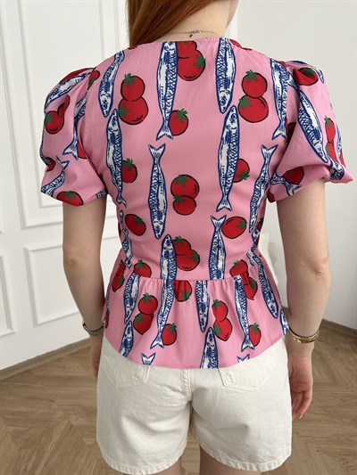 Desenli Balon Kol Fiyonklu Bluz Pembe