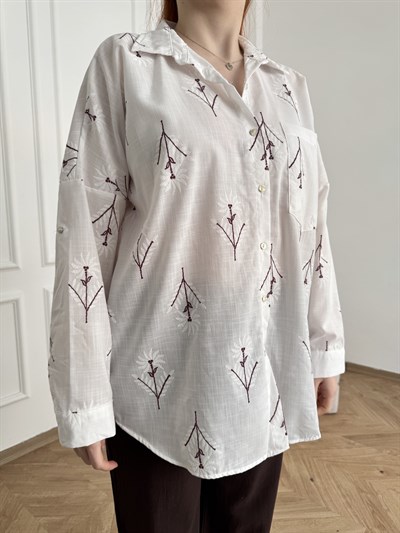 Desenli Oversize Gömlek Bordo