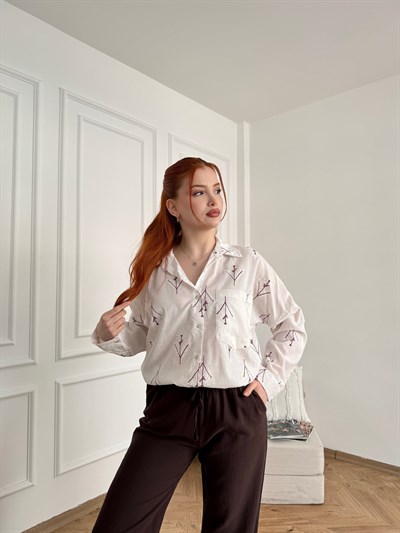 Desenli Oversize Gömlek Bordo