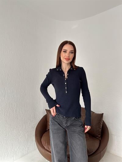 Dik Yaka Çıtçıtlı Triko Lacivert