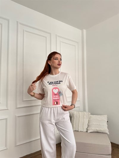 Do Not Disturb Baskılı T-shirt Ekru
