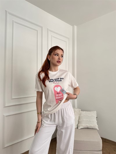 Do Not Disturb Baskılı T-shirt Ekru