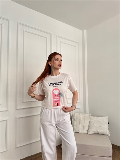 Do Not Disturb Baskılı T-shirt Ekru