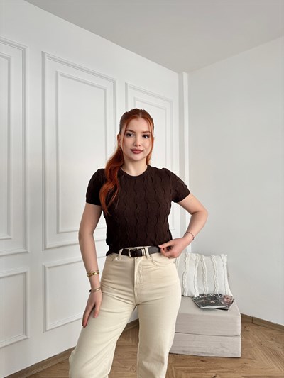 Dokulu Bisiklet Yaka Kısa Kol Triko Kahve
