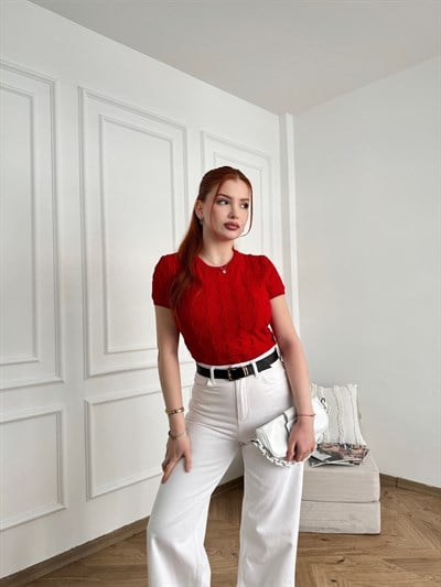 Dokulu Bisiklet Yaka Kısa Kol Triko Kırmızı