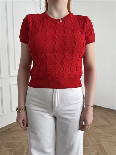 Dokulu Bisiklet Yaka Kısa Kol Triko Kırmızı