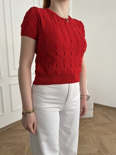 Dokulu Bisiklet Yaka Kısa Kol Triko Kırmızı