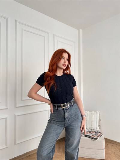 Dokulu Bisiklet Yaka Kısa Kol Triko Koyu lacivert