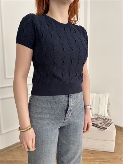 Dokulu Bisiklet Yaka Kısa Kol Triko Koyu lacivert