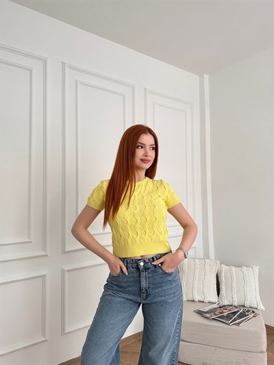 Dokulu Bisiklet Yaka Kısa Kol Triko Sarı