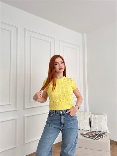 Dokulu Bisiklet Yaka Kısa Kol Triko Sarı