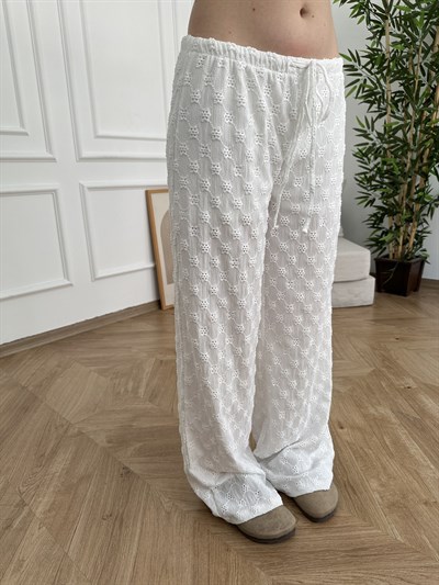 Dokulu Bol Paça Pantolon Ekru