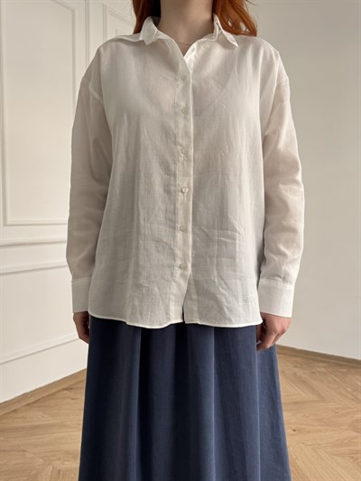 Dokulu Oversize Gömlek Ekru