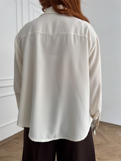 Dökümlü Uzun Kol Bluz Ekru