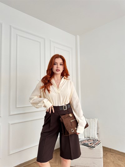 Dökümlü Uzun Kol Bluz Ekru