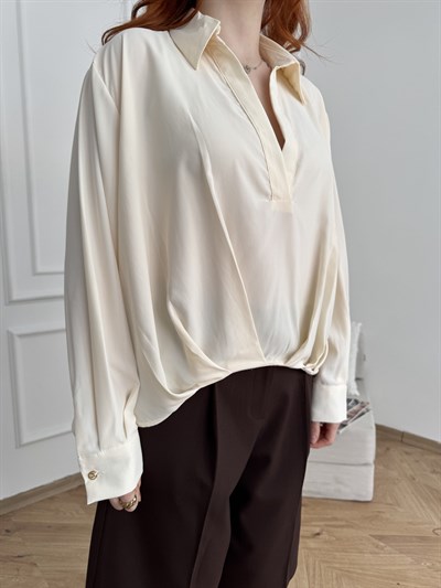 Dökümlü Uzun Kol Bluz Ekru