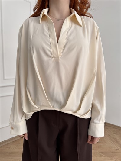 Dökümlü Uzun Kol Bluz Ekru