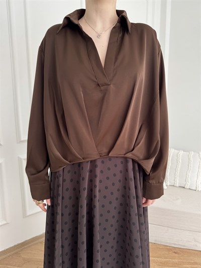 Dökümlü Uzun Kol Bluz Kahve