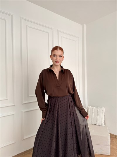 Dökümlü Uzun Kol Bluz Kahve