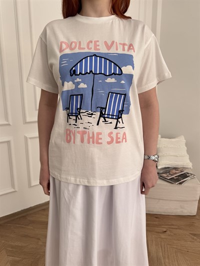 Dolce Vita Yazılı Aplike Nakışlı Tişört Ekru