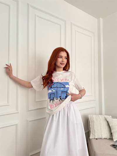 Dolce Vita Yazılı Aplike Nakışlı Tişört Ekru