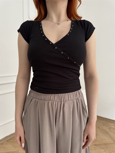Droplu Kruvaze Crop Badi Siyah