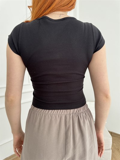 Droplu Kruvaze Crop Badi Siyah