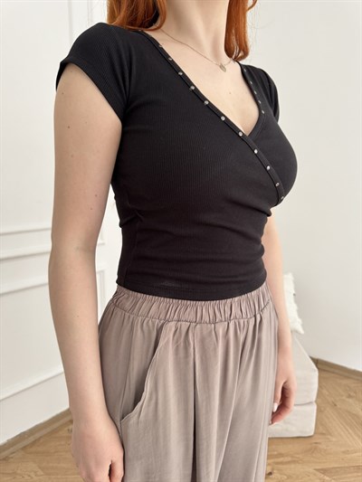 Droplu Kruvaze Crop Badi Siyah