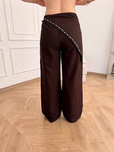 Droplu Şal Detaylı Bol Paça Keten Pantolon Acı kahve