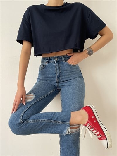Duble Kol Crop Tişört Lacivert