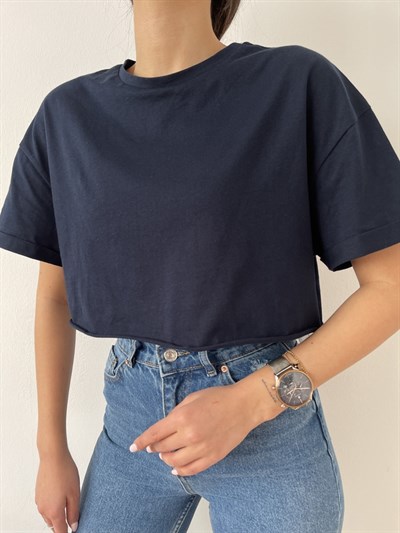Duble Kol Crop Tişört Lacivert