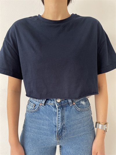 Duble Kol Crop Tişört Lacivert