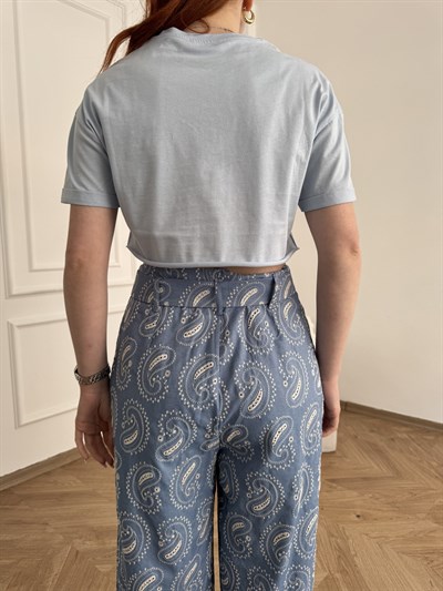 Duble Kol Crop Tişört Mavi