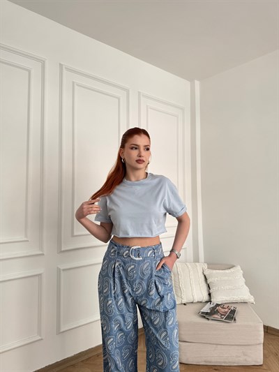 Duble Kol Crop Tişört Mavi