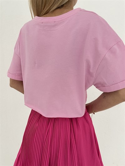 Duble Kol Crop Tişört Pembe