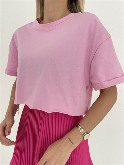 Duble Kol Crop Tişört Pembe