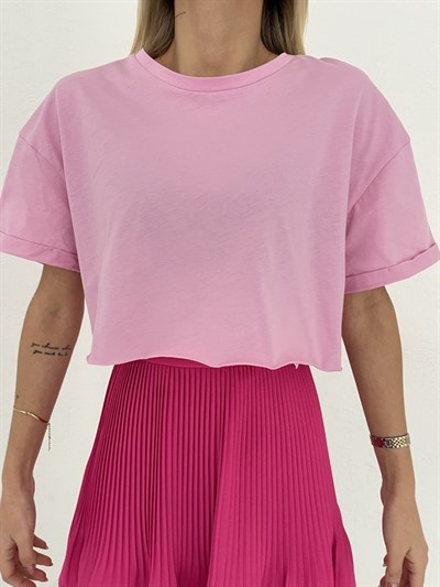 Duble Kol Crop Tişört Pembe