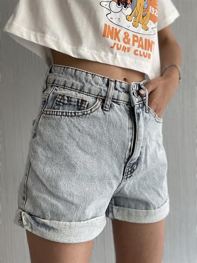 Duble Paça Kot Şort Mavi kar