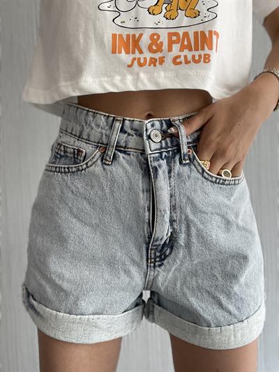 Duble Paça Kot Şort Mavi kar