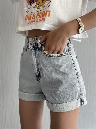 Duble Paça Kot Şort Mavi kar