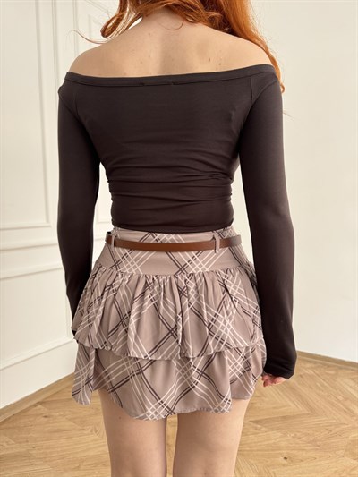 Düğmeli Kayık Yaka Bodysuit Koyu kahve