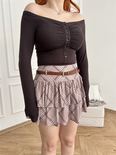Düğmeli Kayık Yaka Bodysuit Koyu kahve
