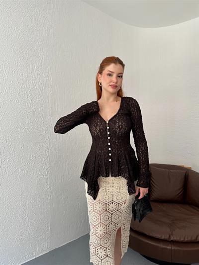 Düğmeli Peplum Dantel Hırka Koyu kahve