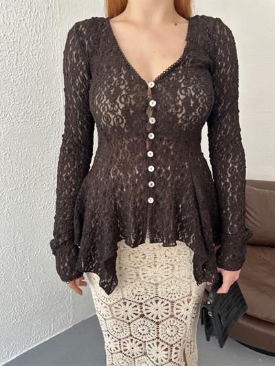 Düğmeli Peplum Dantel Hırka Koyu kahve